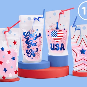 xo, Fetti Fourth of July Party Decorations Drink Pouches - 16 count | USA Party Favors, American Flag Party Supplies,4th of July Decorations
