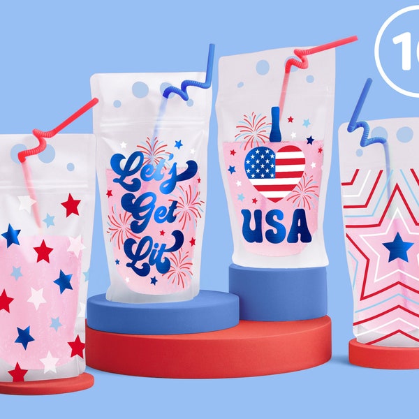 xo, Fetti Fourth of July Party Decorations Drink Pouches - 16 count | USA Party Favors, American Flag Party Supplies,4th of July Decorations