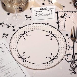 xo, Fetti White + Black Bow Paper Plates | 25 pcs 9" | Tying the Knot Bachelorette, Birthday Decoration, Coquette Party, Bridal Shower Decor