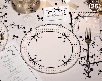 xo, Fetti White + Black Bow Paper Plates | 25 pcs 9" | Tying the Knot Bachelorette, Birthday Decoration, Coquette Party, Bridal Shower Decor