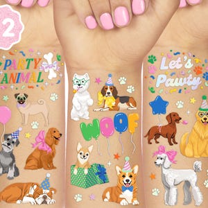 Tatuajes temporales de perros para niños: 42 estilos con brillantina / Artículos para cumpleaños de animales, regalos para fiestas de mascotas, manualidades para niños imagen 1