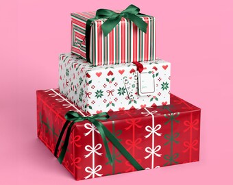 xo, Fetti Christmas Wrapping Paper + Tag Set 12 Sheets Christmas Holiday Gift Wrap Decorative Christmas Bag Holiday Party Favor Red Green