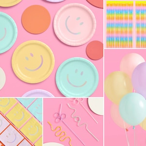 xo, Fetti Pastel Birthday Party Bundle - 94 Pieces, Smiley Napkins, Plates, Straws, Balloons + Curtains | Pastel Birthday Party Decorations