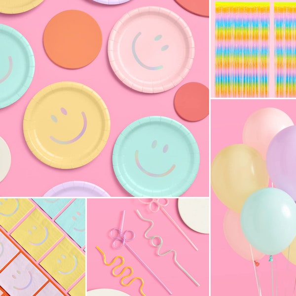 xo, Fetti Pastel Birthday Party Bundle - 94 Pieces, Smiley Napkins, Plates, Straws, Balloons + Curtains | Pastel Birthday Party Decorations
