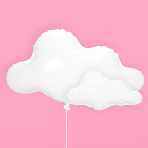 Puede incluir: Dos globos blancos en forma de nube atados juntos con una cuerda blanca sobre un fondo rosa.