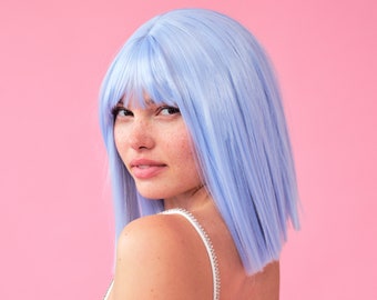 Pastel Blue Wig, Bachelorette Party Decorations, Wiggin Out, Birthday Party, Blue Wig Hair, Ice Blue Short Wig, Curtain Bang, Soft Wave