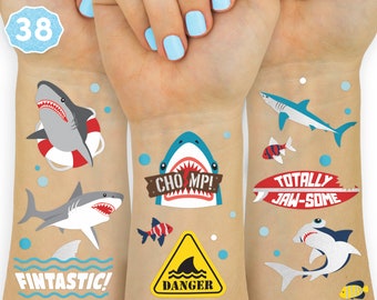 Shark Temporary Tattoos - 38 Styles | Underwater Sea Creature, Ocean Animal Birthday Party Supplies, Summer, Totally Jawsome Arts and Crafts