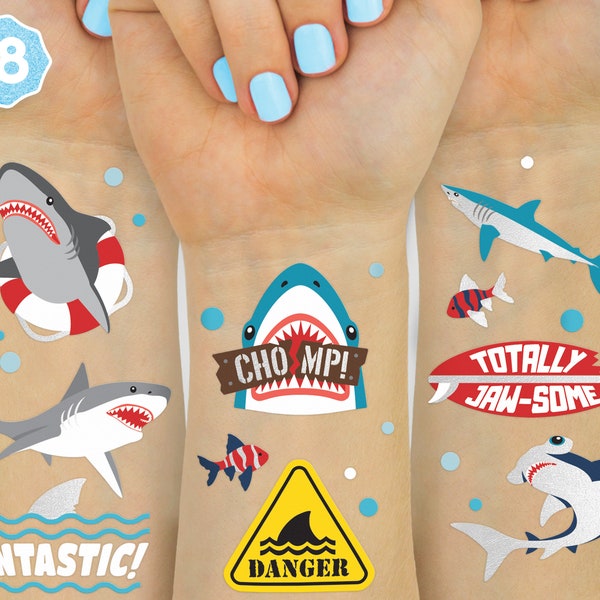 Shark Temporary Tattoos - 38 Styles | Underwater Sea Creature, Ocean Animal Birthday Party Supplies, Summer, Totally Jawsome Arts and Crafts