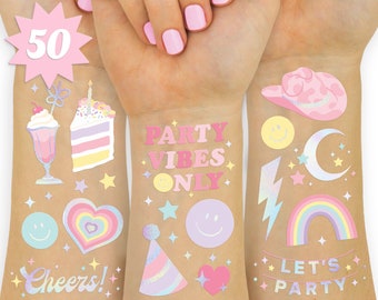 xo, Fetti Pastel Rainbow Temporary Tattoos - 50 Iridescent Foil Styles | Preppy Birthday Party Supplies,Smiley Party Favors,Party Vibes Only