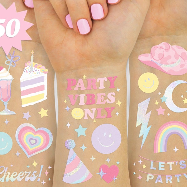 xo, Fetti Pastel Rainbow Temporary Tattoos - 50 Iridescent Foil Styles | Preppy Birthday Party Supplies,Smiley Party Favors,Party Vibes Only