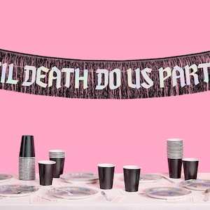 xo, Fetti Til Death Do Us Party Fringe Banner - Black + Iridescent, 5 Ft. | Bachelorette Party Decoration, Halloween Birthday, Gothic Decor