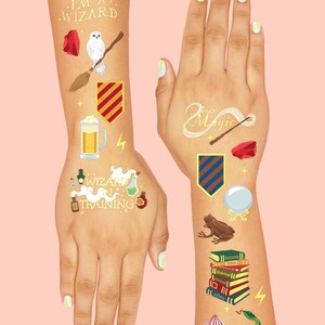 May include: Temporary tattoos featuring wizard-themed designs. Includes a wizard hat, owl, broom, shield, beer mug, potion bottles, a magic wand, a crystal ball, a frog, a stack of books, a snake, and the text "I'M A WIZARD", "WIZARD IN TRAINING", and "Magic".