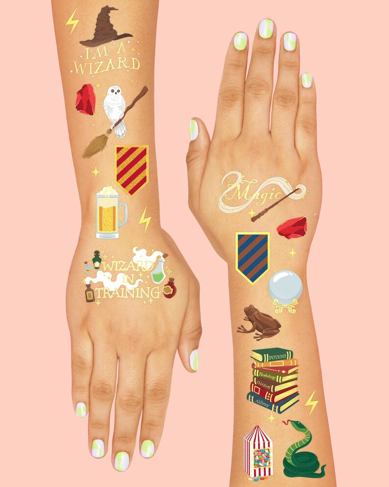 May include: Temporary tattoos featuring wizard-themed designs. Includes a wizard hat, owl, broom, shield, beer mug, potion bottles, a magic wand, a crystal ball, a frog, a stack of books, a snake, and the text "I'M A WIZARD", "WIZARD IN TRAINING", and "Magic".
