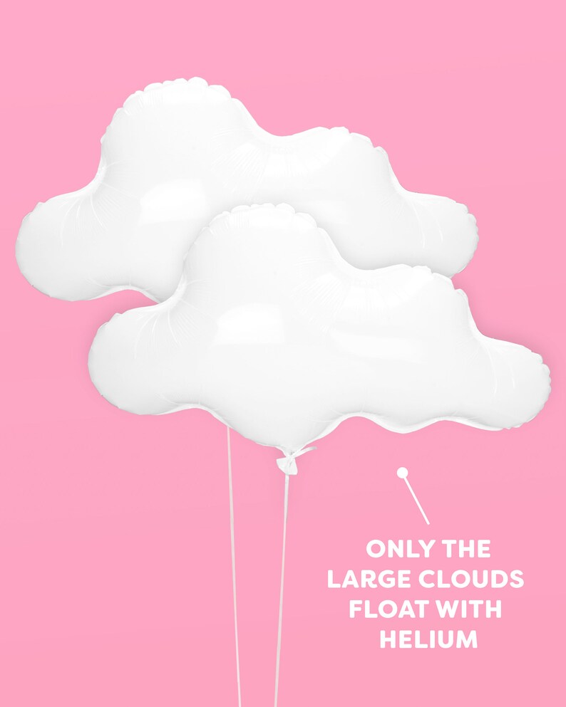 Puede incluir: Dos globos blancos grandes en forma de nube sobre un fondo rosa. El texto "ONLY THE LARGE CLOUDS FLOAT WITH HELIUM" est&aacute; debajo de los globos.