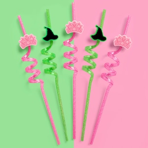 xo, Fetti Pink + Green Witch Reusable Straws - 12 pc, Twirly Plastic | Birthday Decorations, Kids Drinkware, Wizard Party Favor, Drink Decor