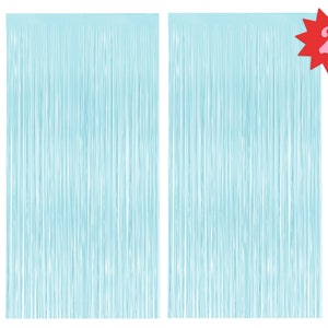 xo, Fetti Party Light Blue Fringe Foil Curtain - Set of 2 | Bachelorette Supplies, Birthday Photo Booth, Pastel Baby Shower, Easter Decor