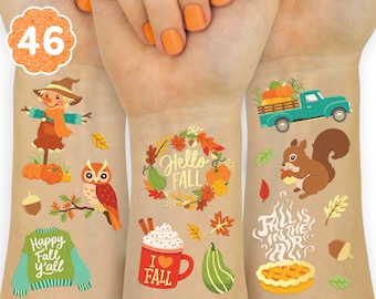 May include: A set of 46 temporary tattoos featuring fall-themed designs, including a scarecrow, owl, pumpkin truck, squirrel, leaves, a mug with "I love fall" text, a pie, and a sweater with "Happy Fall Y'all" text.