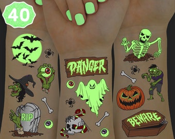 Halloween Glow In Dark Temporary Tattoos for Kids - 40 Tat Styles | Halloween Decorations, Skeletons, Ghosts, Pumpkins, Spiderwebs