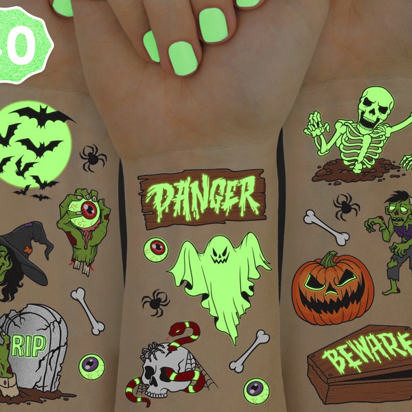 Halloween Glow In Dark Temporary Tattoos for Kids - 40 Tat Styles | Halloween Decorations, Skeletons, Ghosts, Pumpkins, Spiderwebs