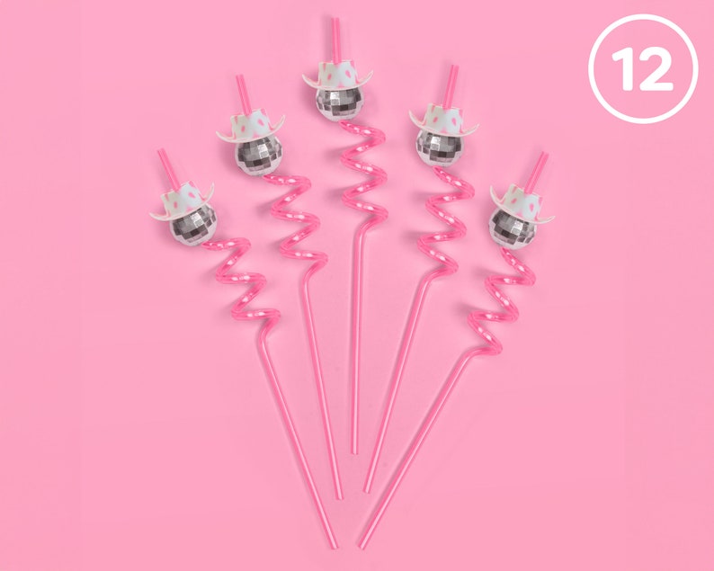 May include: Pink, curly straws topped with disco ball ornaments wearing miniature cowboy hats. The image shows six straws arranged on a pink background. A white circle with the number 12 is in the upper right corner.