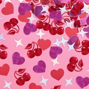 xo, Fetti Cherry Heart Valentine's Confetti - 200 pcs | Pink Vday Tablescape, Red Sparkle Bachelorette Table Decor, Birthday Decorations