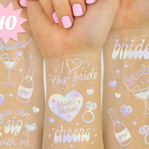 xo, Fetti Cheers Bachelorette Temporary Tattoos - 40 Iridescent Styles | Bachelorette Party Decoration, Bridesmaid Favor + Bride To Be