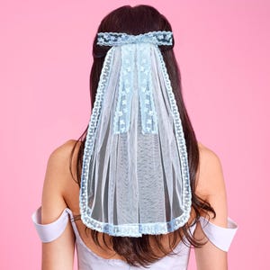 xo, Fetti Blue Lace Bride Bow Veil | Bachelorette Party Hairpiece, Bridal Shower Accessory, Bridesmaid Gift, Wedding Headband