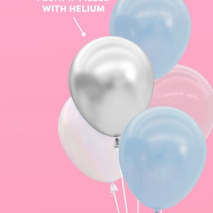 May include: Four balloons in various colors, including silver, light blue, and pink. The balloons are tied together with white strings. The text "WILL ONLY FLOAT IF FILLED WITH HELIUM" is written in white letters on a pink background.