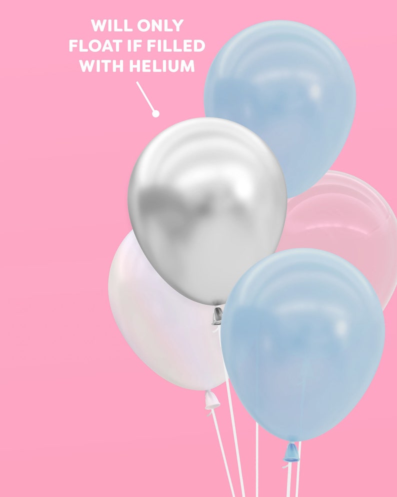 May include: Four balloons in various colors, including silver, light blue, and pink. The balloons are tied together with white strings. The text "WILL ONLY FLOAT IF FILLED WITH HELIUM" is written in white letters on a pink background.