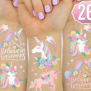 Cadeaux de fête Licorne - Tatouages temporaires Licorne pour enfants - Tatouages Licorne - 26 modèles | Articles de fête d'anniversaire, décorations de licorne