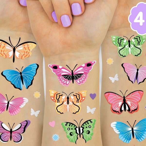 Butterfly Temporary Tattoos - 46 Glitter Styles | Rainbow Fairy Birthday Party Supplies, Monarchs, Hearts, Flowers, Garden Arts and Crafts