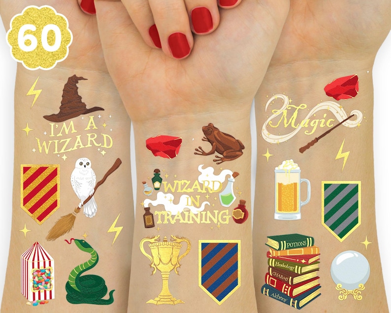 xo, Fetti Wizard Party Temporary Tattoos - 60 Gold Foil Styles | Magical Birthday Decorations, Magic Baby Shower Supplies, Kids Party Favor image 1