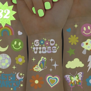 xo, Fetti Groovy Rave Glow in Dark + Foil Temporary Tattoos - 82 pc | Birthday Party Supplies, Rave Bachelorette Party, Smiley Disco, Y2K