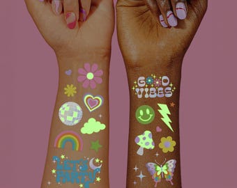 xo, Fetti Groovy Rave Glow in Dark + Foil Temporary Tattoos - 82 pc | Birthday Party Supplies, Rave Bachelorette Party, Smiley Disco, Y2K