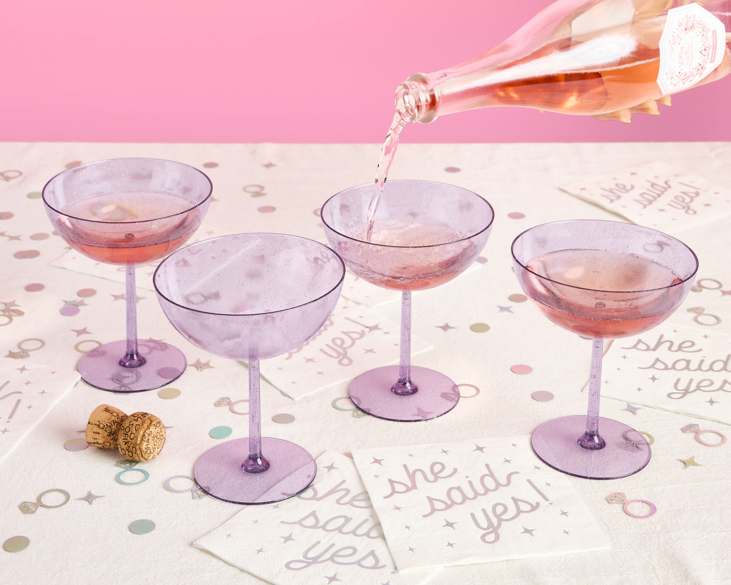 xo, Fetti Lavender Plastic Glitter Coupe Cups - Set of 4 | Bachelorette Party Decorations, Birthday Party Supplies, Reusable Bridal Shower