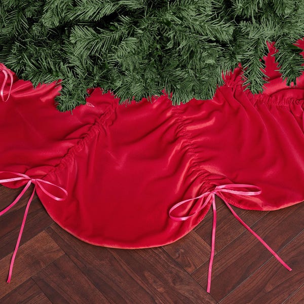 xo, Fetti Red Velvet Christmas Tree Skirt 41" Pinkmas Holiday Decorations Merry Xmas Party Accessory Tree Stand Blanket Ruching Detail