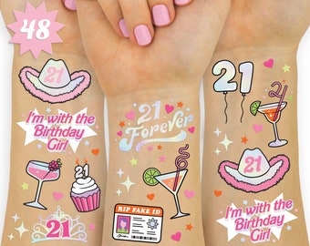 xo, Fetti 21st Birthday Party Decorations Finally 21 Temporary Tattoos - 48 pcs | Fun Bday Girl Party, RIP Fake ID, HBD, Disco Cowgirl Party