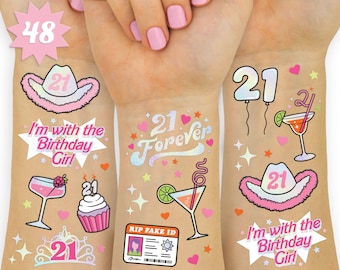 xo, Fetti 21st Birthday Party Decorations Finally 21 Temporary Tattoos - 48 pcs | Fun Bday Girl Party, RIP Fake ID, HBD, Disco Cowgirl Party