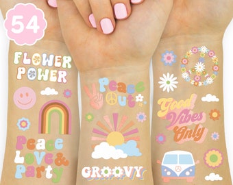 Groovy 70s Temporary Tattoos - 48 Glitter Styles | Flower Power Birthday Party Supplies, Good Vibes Favors, Smiley, Rainbow Arts and Crafts