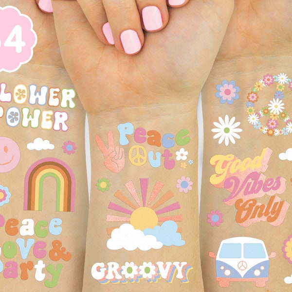 Groovy 70s Temporary Tattoos - 48 Glitter Styles | Flower Power Birthday Party Supplies, Good Vibes Favors, Smiley, Rainbow Arts and Crafts