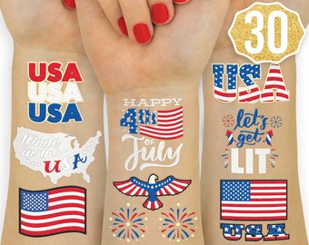 Fourth of July Decorations Temporary Tattoos - 30 | Memorial Day, Independence Day, Red White and Blue Supplies, USA Flag Labor Day