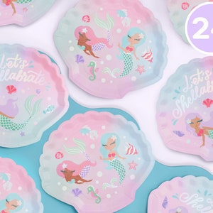 xo, Fetti Mermaid Shell Birthday Plates - 24 pk, 9&quot; | Mermaid Bday Party Supplies, Under The Sea Decorations, Let&#39;s Shellabrate Party Favors