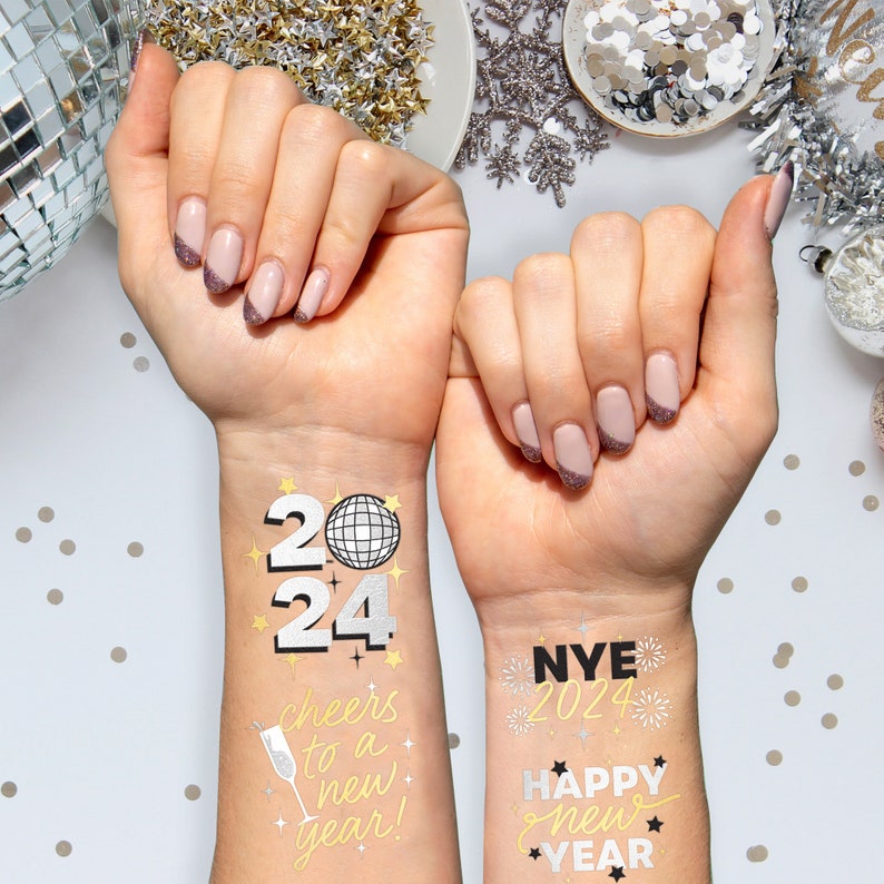 xo, Fetti New Years Eve Party Supplies Tattoos 40 Foil Styles NYE Party Favors, Happy New Year Decorations, NYE 2024 Decor image 2