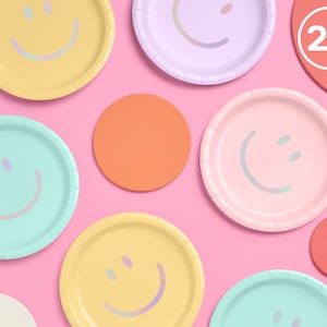 Smiley Paper Plates - 24 pk, 9" | Happy Pastel Birthday Party Decorations, Cute Bachelorette Party, Cool Cake Plates, Pastel Picnic, Table