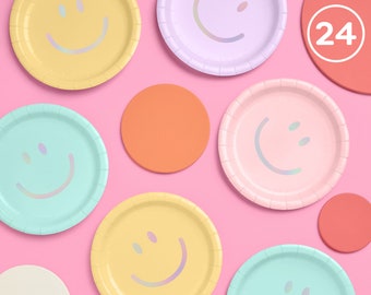 Smiley Paper Plates - 24 pk, 9" | Happy Pastel Birthday Party Decorations, Cute Bachelorette Party, Cool Cake Plates, Pastel Picnic, Table