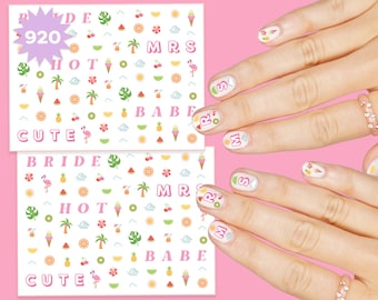 Bachelorette Nail Stickers - 920 Summer Decals | Pink Bride Party Decorations, Future Mrs., Babe, Bridesmaid Favors, Fruit