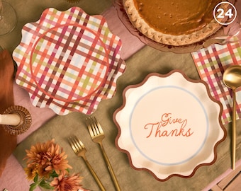 xo, Fetti Thanksgiving Paper Plates | 24 pcs | Give Thanks Party, Fall Plaid Tableware, Wavy Dinner Setting, Friendsgiving Decor