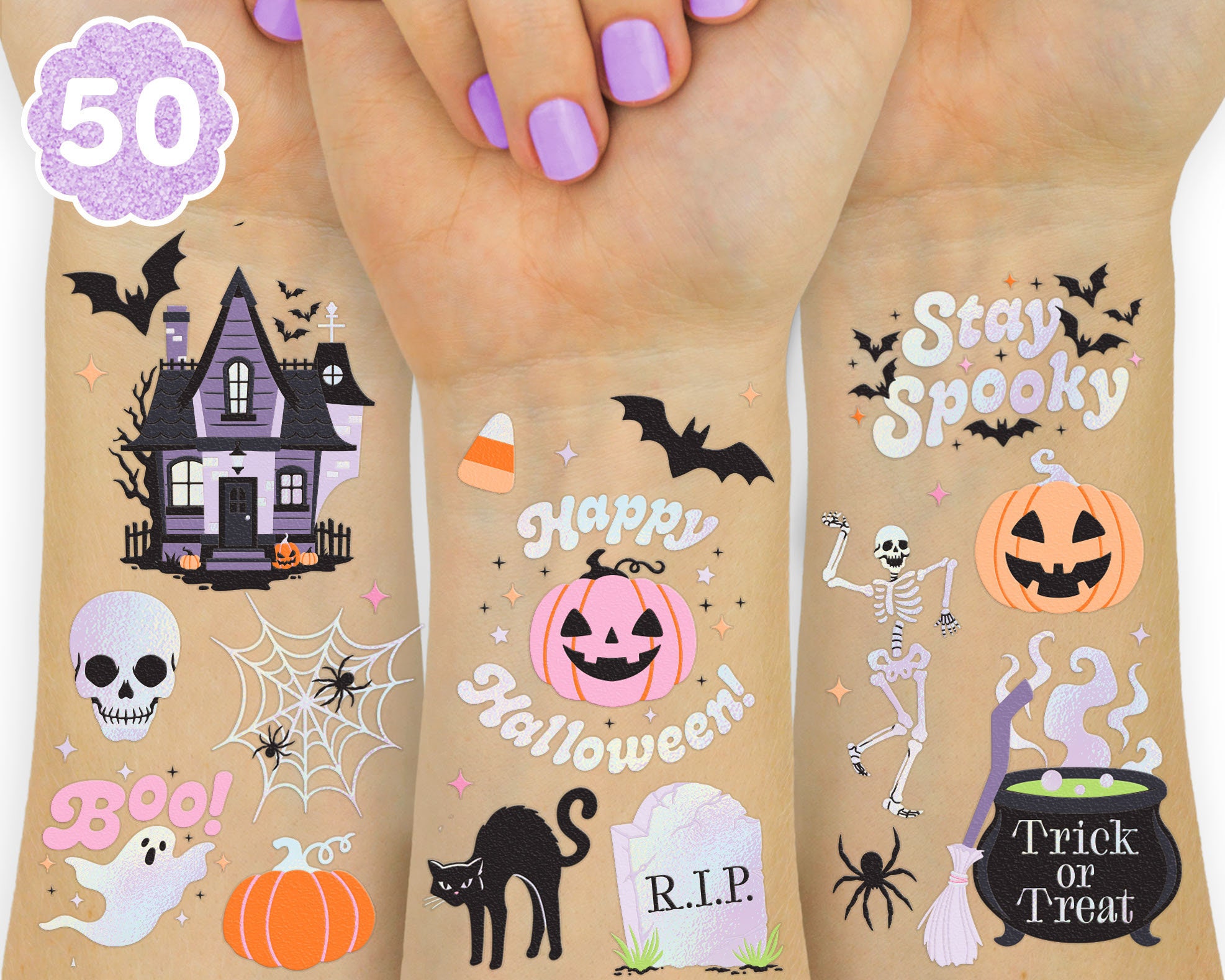xo, Fetti Halloween Temporary Tattoos - 50 Iridescent Styles | Spooky Decorations, Kids Party Accessory, Trick or Treating Theme Gift Favor