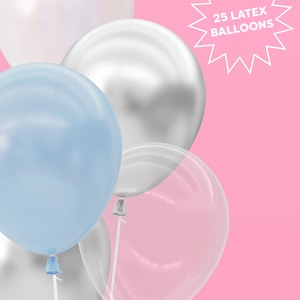 May include: A group of five balloons in various colors, including silver, blue, and clear. The balloons are arranged in a cluster, with the silver balloons in the front and the blue balloon in the back. The text "25 LATEX BALLOONS" is visible in the upper right corner of the image.