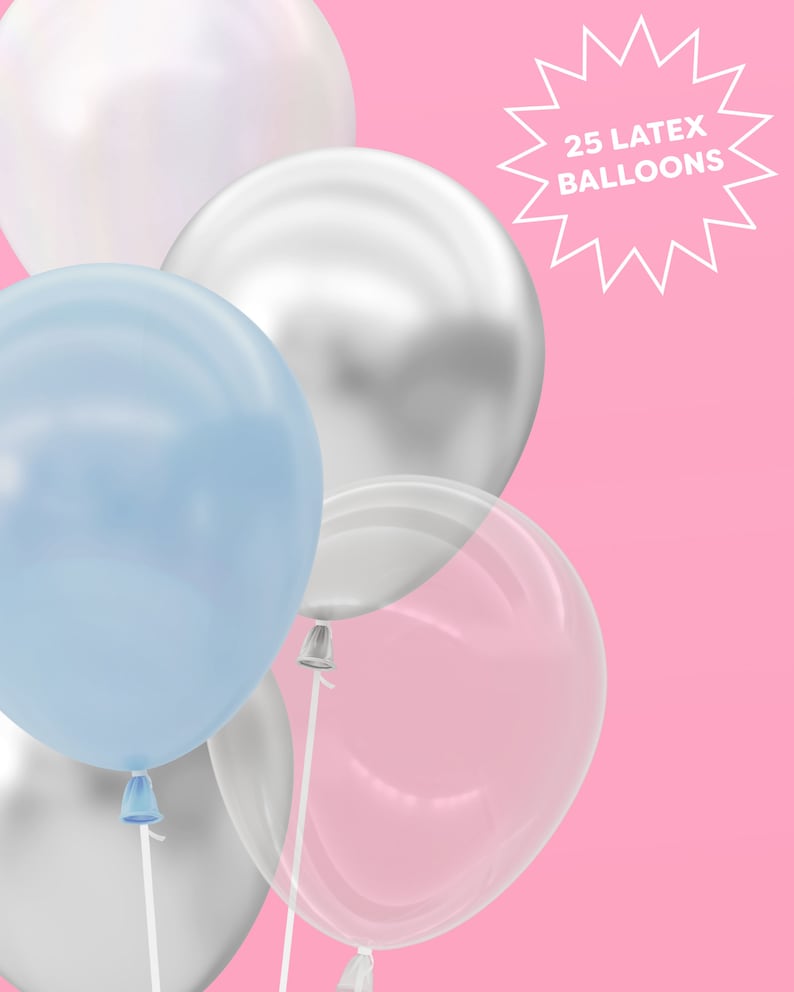 May include: A group of five balloons in various colors, including silver, blue, and clear. The balloons are arranged in a cluster, with the silver balloons in the front and the blue balloon in the back. The text "25 LATEX BALLOONS" is visible in the upper right corner of the image.
